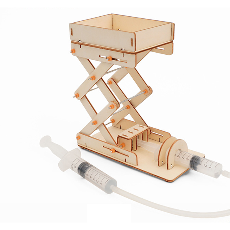 Kit de montaje de plataforma elevadora hidráulica DIY para niños, juguete educativo STEM de madera que demuestra principios de presión de fluidos y elevación.