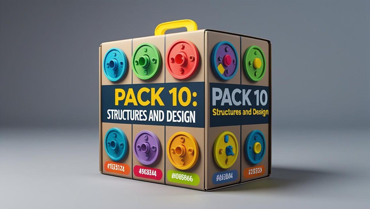 Pack de 4 kits de montaje STEM DIY "Estructuras y Diseño" para niños, incluyendo un puente en tensión, carrusel, manipulador y columpio, para aprender física e ingeniería.