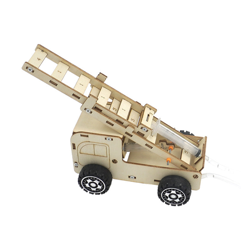 Kit de montaje de camión de bomberos con escalera hidráulica DIY para niños, juguete educativo STEM de madera que demuestra principios de presión de fluidos y elevación.