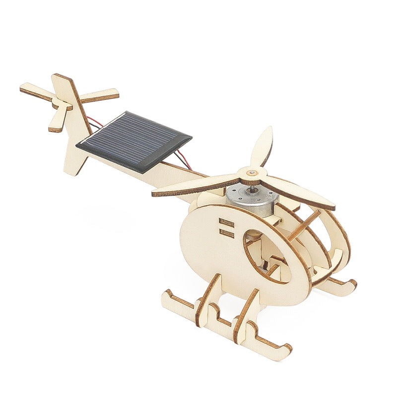 Kit de montaje de helicóptero solar DIY para niños, juguete educativo STEM de madera que vuela con energía solar y enseña principios de aerodinámica y energía renovable.