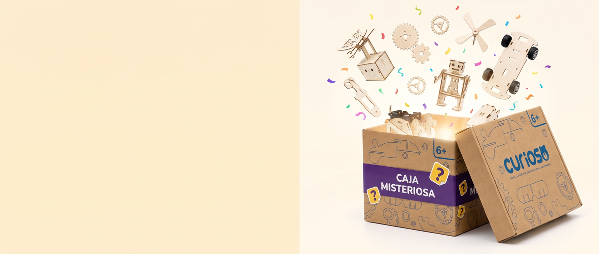 Kits de madera saliendo de la Caja Misteriosa Curioso