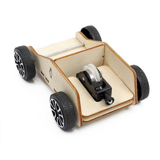 Kit de montaje de coche de cuerda DIY para niños, juguete educativo STEM de madera que demuestra la conversión de la tensión de la cuerda en movimiento.
