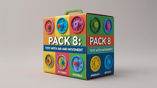 Pack de 4 kits de juguetes educativos STEM de madera sobre aire y movimiento, incluyendo pelota flotante, aspiradoras y soplador para niños.