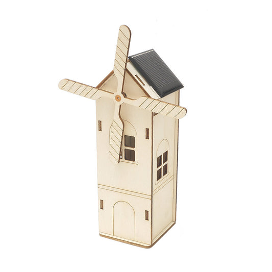 Kit de montaje de casa de molino de viento solar DIY, juguete educativo STEM de madera que genera electricidad con energía solar y eólica.