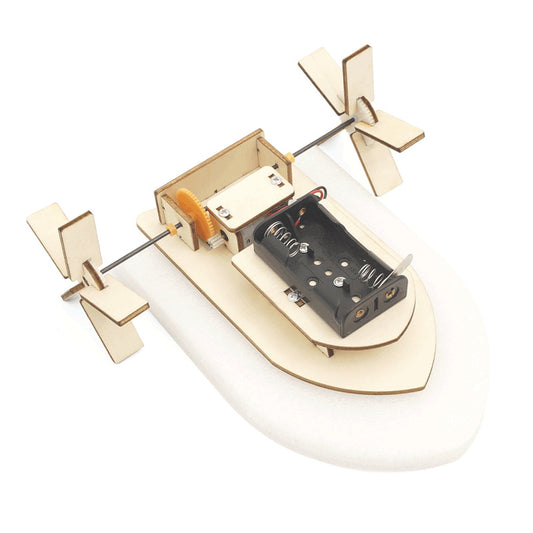 Kit de montaje de barco de ruedas de paletas DIY para niños, juguete educativo STEM de madera que demuestra principios de propulsión y navegación.