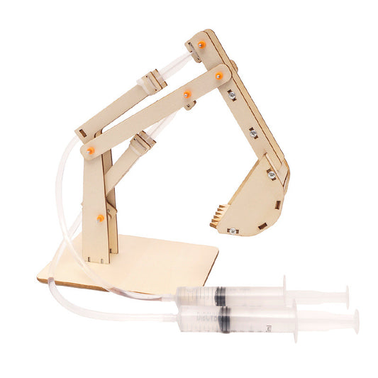 Kit de montaje de grúa hidráulica DIY para niños, juguete educativo STEM de madera que demuestra principios de presión de fluidos y movimiento.