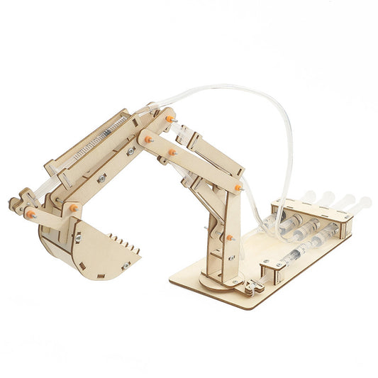 Kit de montaje de excavadora hidráulica DIY para niños, juguete educativo STEM de madera que demuestra principios de presión de fluidos y movimiento.