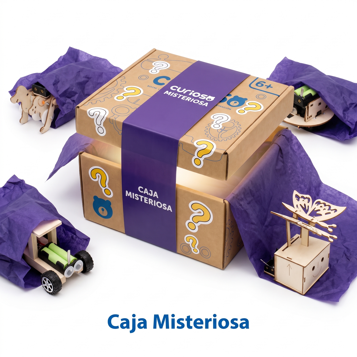 Caja Misteriosa Curioso: caja de cartón con banda morada y kits STEM de madera sorpresa